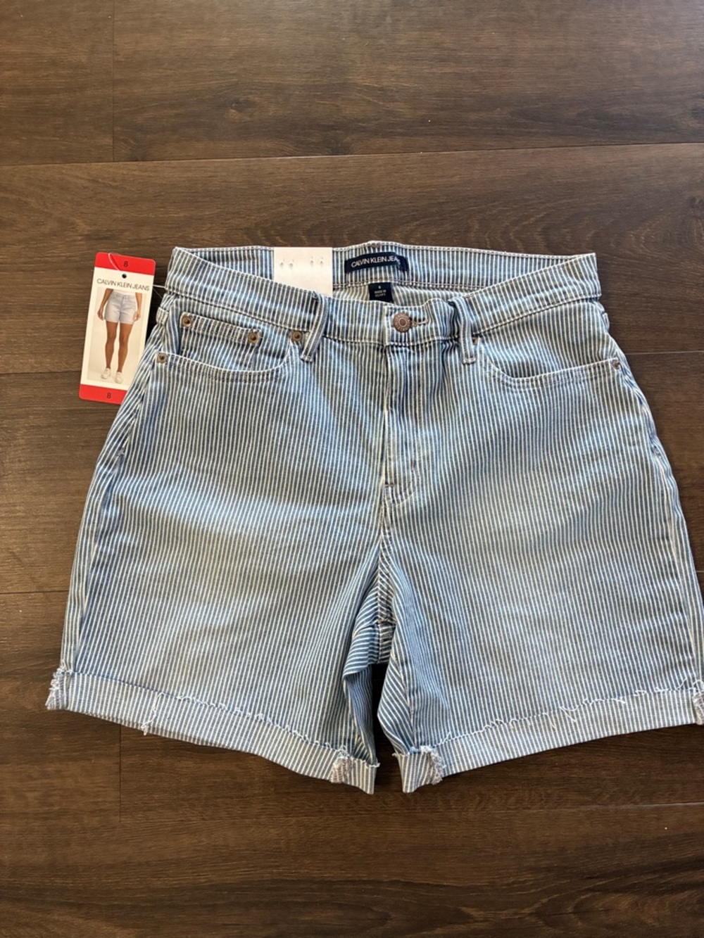 Calvin Klein Jeans Light Blue & White railroad conductor High-Rise Denim Shorts